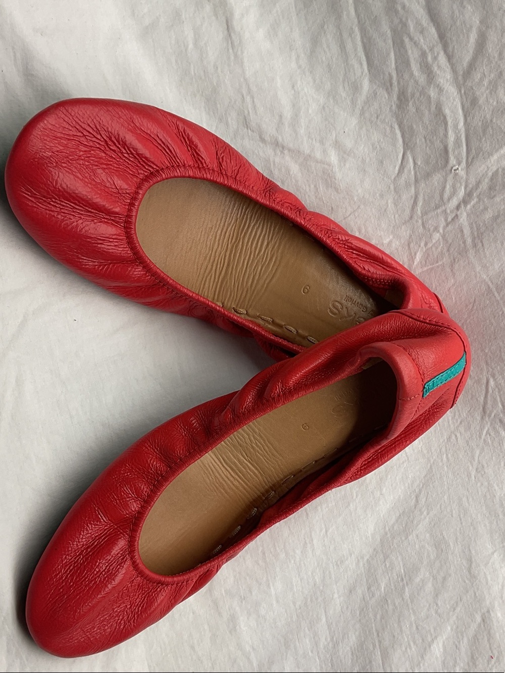 Tieks Red Leather Ballet Flats with Teal Heel Tab